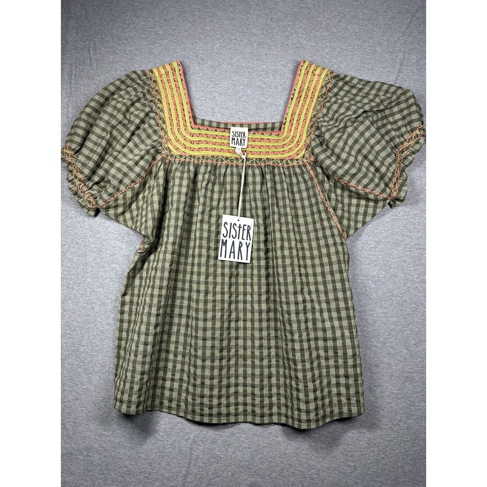Sister Mary Elana Cotton Plaid Top Size Small Embroidered Bodice Short Sleeves